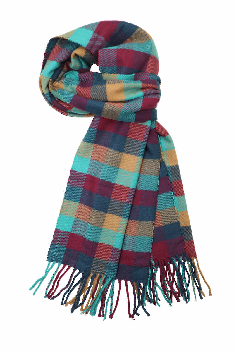 Achillea Scottish Tartan Plaid Cashmere Feel Scarf Burgundy Teal Check