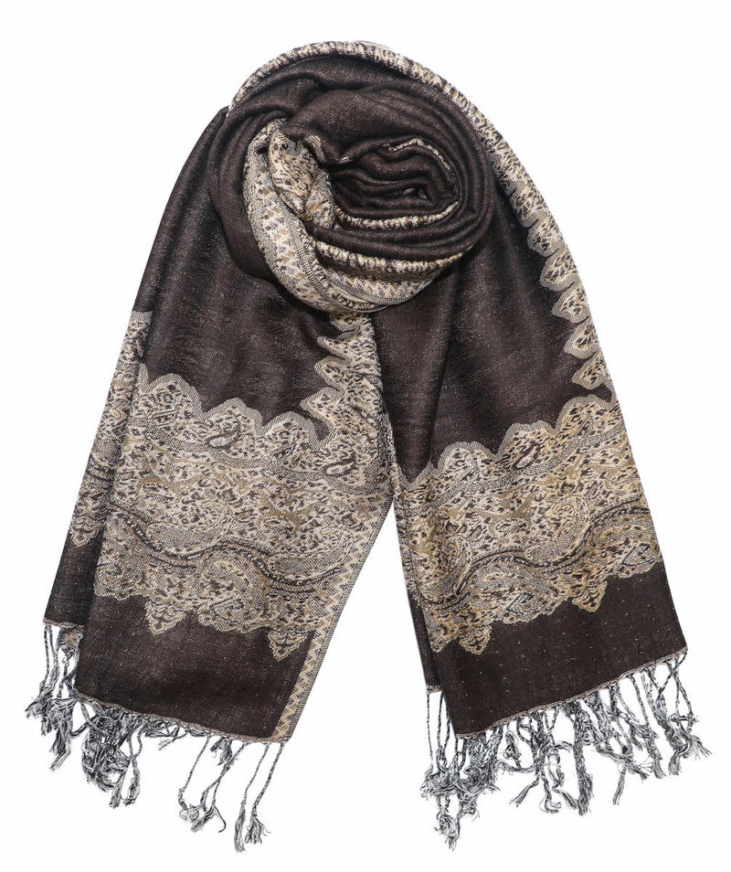 achillea paisley border pashmina shawl dark chocolate