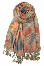 Achillea Dark Teal Orange Multi Color Paisley Pashmina