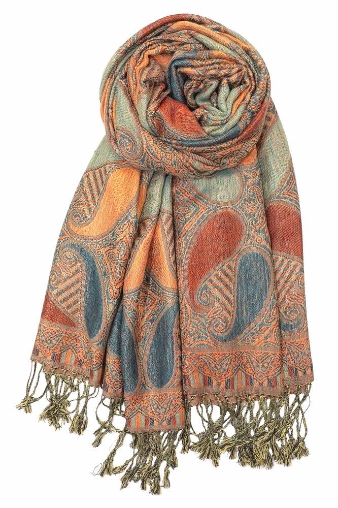 Achillea Dark Teal Orange Multi Color Paisley Pashmina