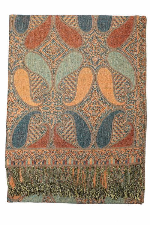 Achillea Dark Teal Orange Multi Color Paisley Pashmina