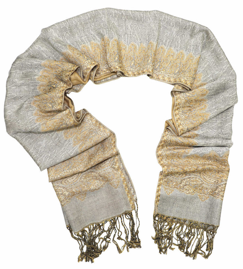 Achillea Grey Gold Border Pashmina Shawl Wrap Scarf