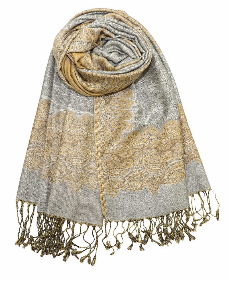 Achillea Grey Gold Border Pashmina Shawl Wrap Scarf