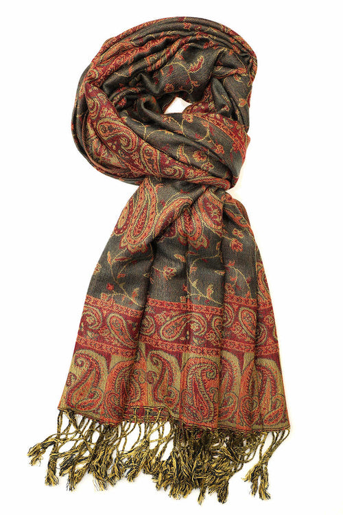 Achillea Olive Burgundy Reversible Paisley Pashmina