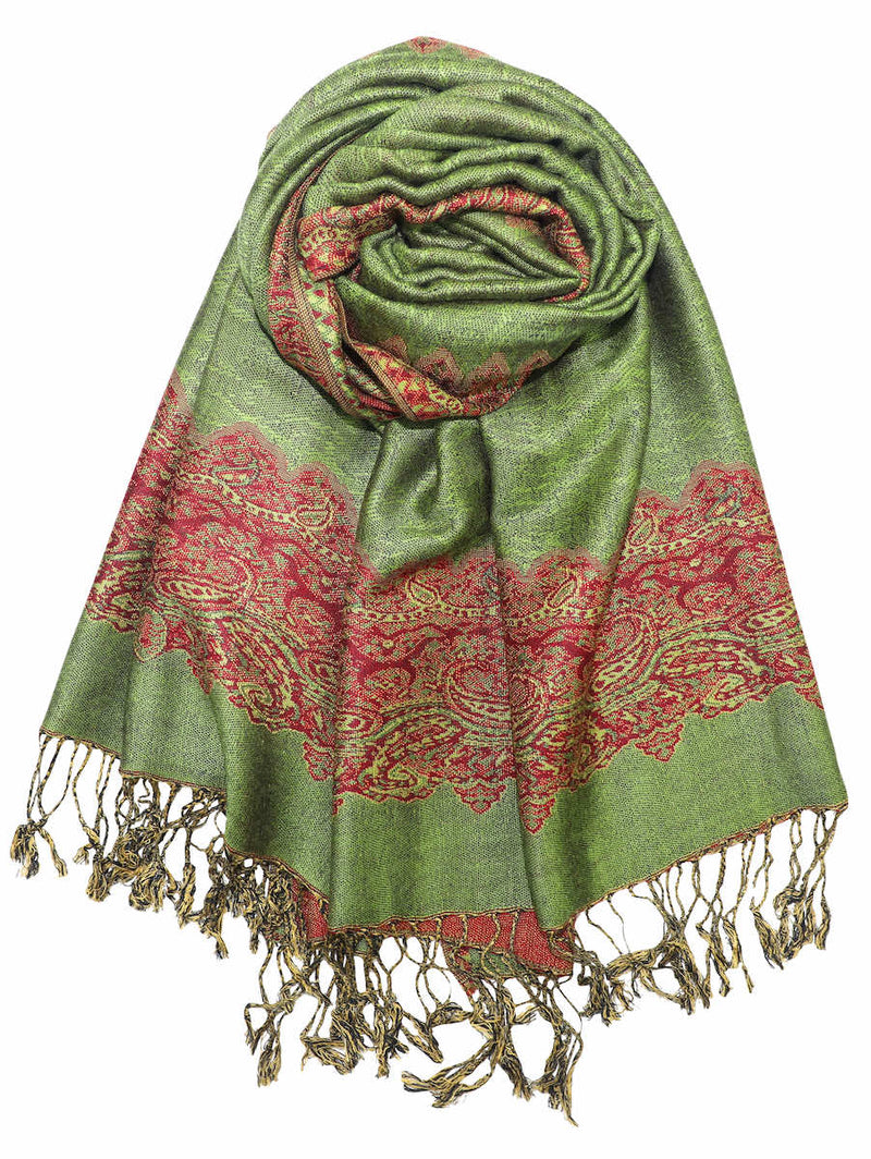 achillea paisley border pashmina shawl olive green