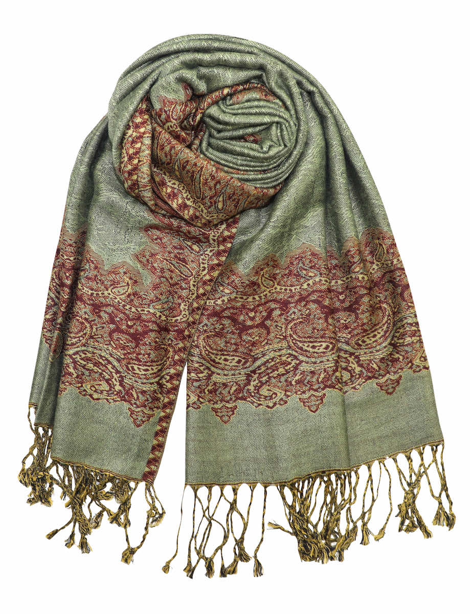 achillea paisley border pashmina shawl sage green