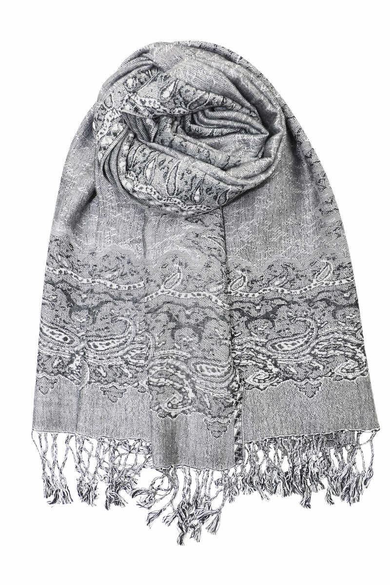 Achillea Silver Black Border Pashmina Shawl Wrap Scarf