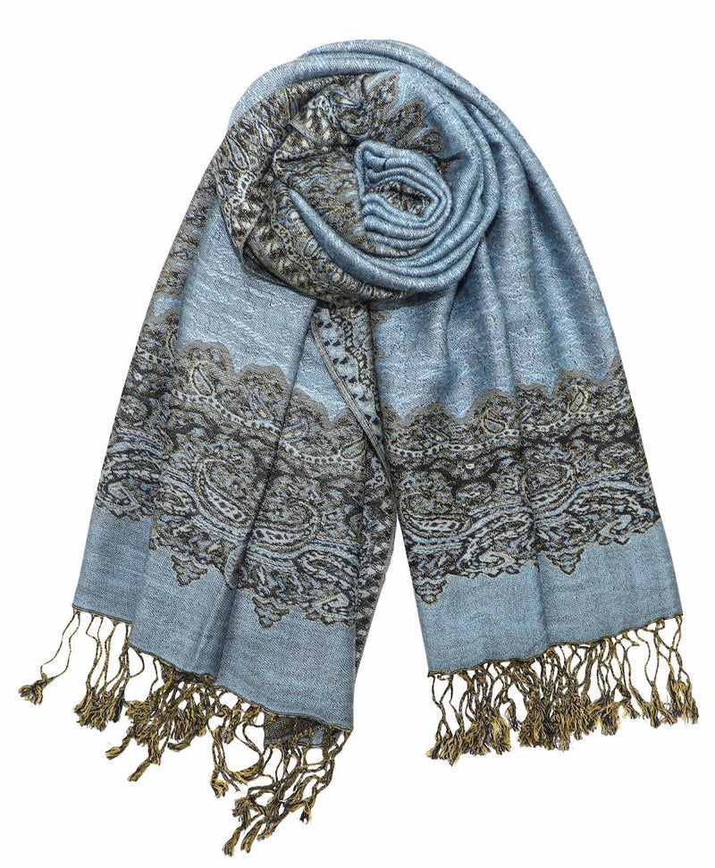 achillea paisley border pashmina shawl steel blue